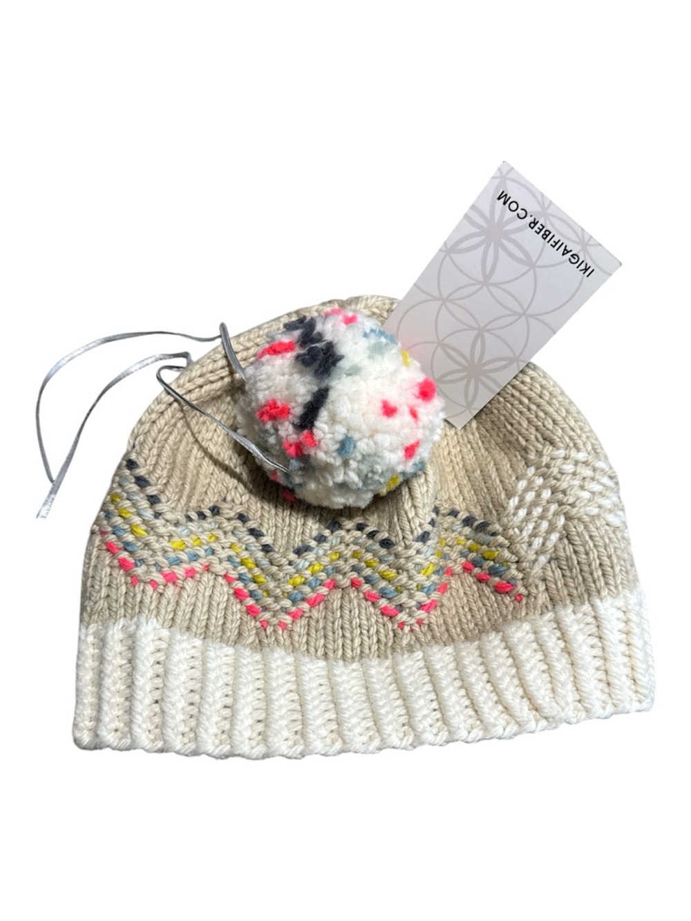 Cream Knit Beanie with Multicolor Pom and Chevron Detail merino and alpaca